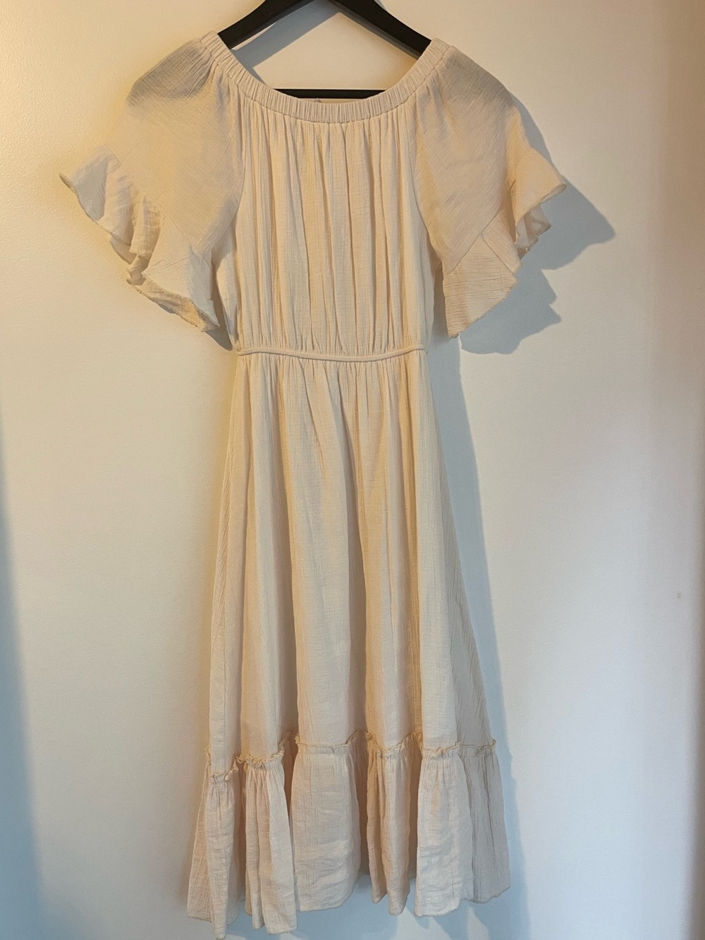 NANING9 Cream Off Shoulder Ruffle Sleeve Midi Cottagecore Prairie Dress Womens O